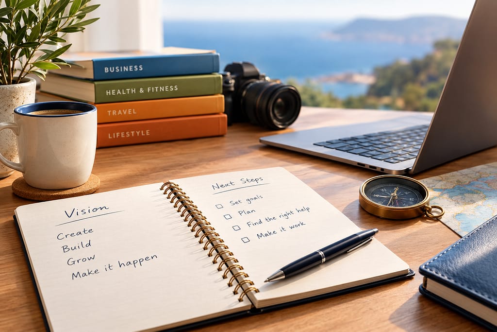 A notebook, laptop and camera on a sunlit desk overlooking the coast, representing planning and developing a business after 60.
